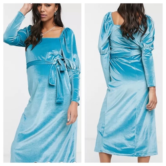 NWT Maternity Aqua Velvet Puff Long Sleeve Dress Size 8 - Picture 1 of 16